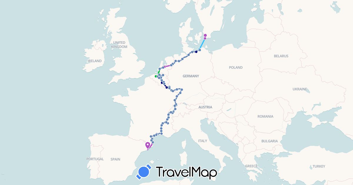 TravelMap itinerary: driving, bus, cycling, train, boat in Belgium, Switzerland, Germany, Spain, France, Luxembourg, Netherlands, Sweden (Europe)